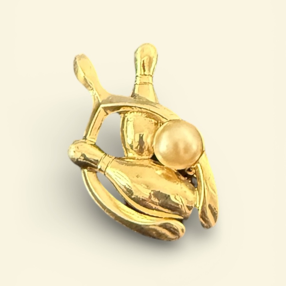 Vintage Gold-Tone Bowling Brooch w/ Faux Pearl, Wishbone, and Bowling Pins